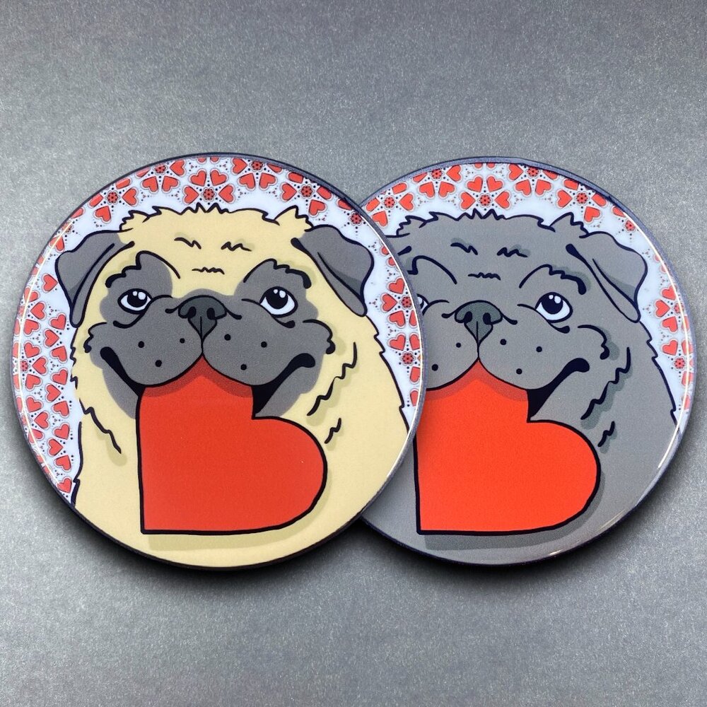 Pug Dog Valentine Pin Button, Magnet, Keychain, Bottle Opener or Mini Ornament